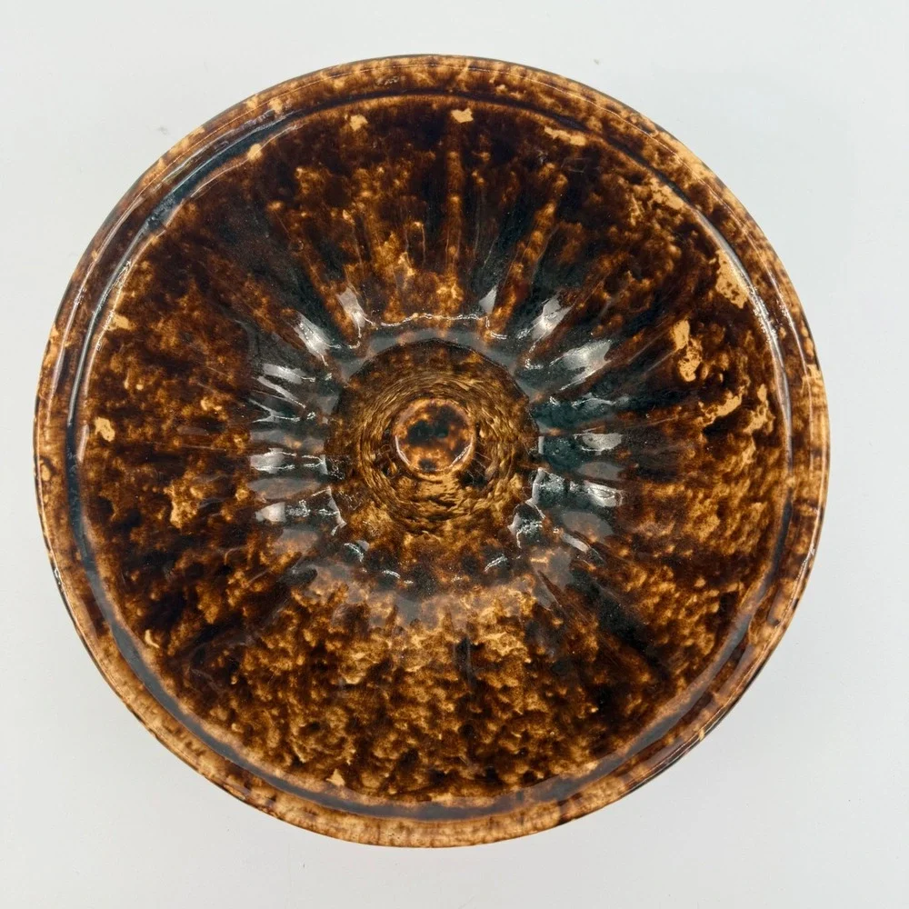 Rockingham Yellowware Fluted‎ Pudding Cake Mold Brown Glaze Antique 8.5